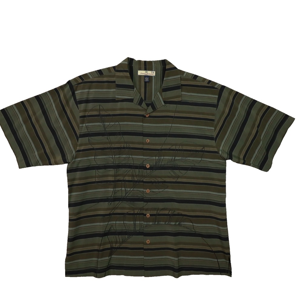 Tommy Bahama Black Green Striped Leaf Printed Button Up Camp Shirt‎ Mens Large